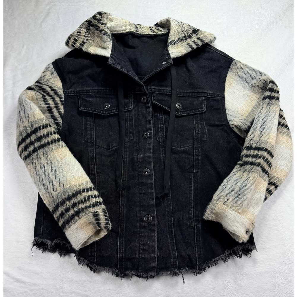Hooded Denim Jacket Womens Small Black Jean‎ Soft Plaid Sleeves, Hood Frayed Hem